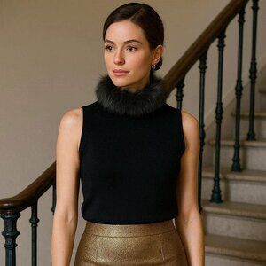 Sexy Black Sleeveless Top w/Furry Neck S